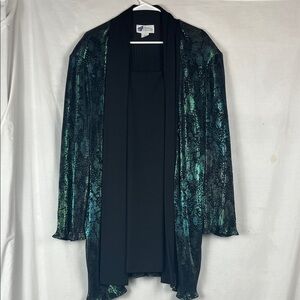 Vintage 80s Floral Metallic Blue and Black Top Notch Long Sleeve Blouse